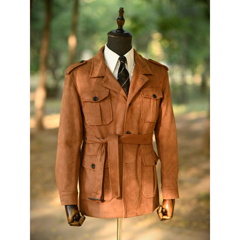 Herren Veloursleder-Safari-Jacke mit Taillengürtel und Pattentaschen Shop Nory