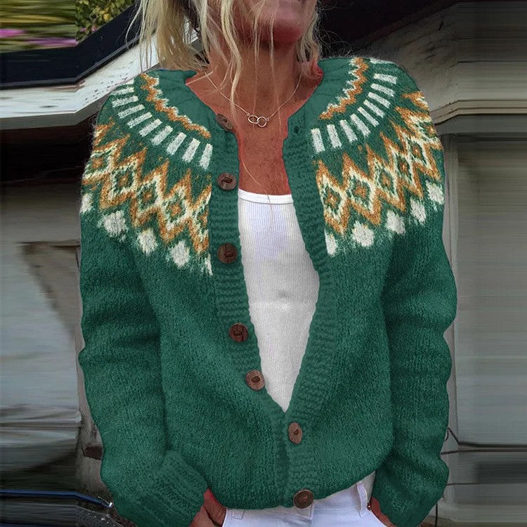 Damen nan gemusterte Strickjacke mit Rundpasse, Holzknöpfen und Eingrifftaschen Shop Nory