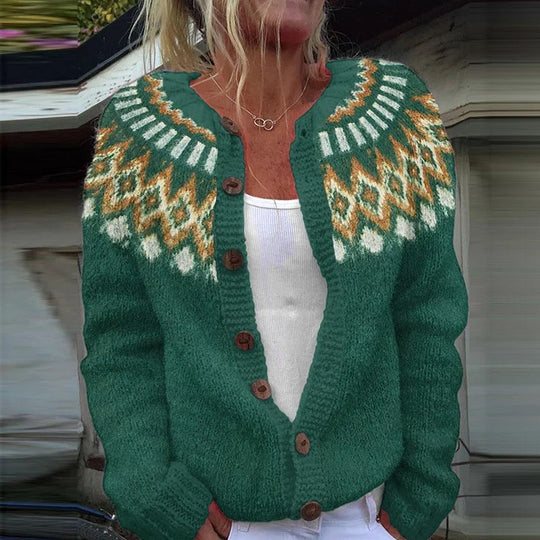Damen nan gemusterte Strickjacke mit Rundpasse, Holzknöpfen und Eingrifftaschen Shop Nory