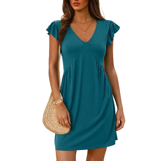 Damen Leichtes V‑Ausschnitt Sommerkleid mit Volantärmeln und Taillenabnähern Shop Nory