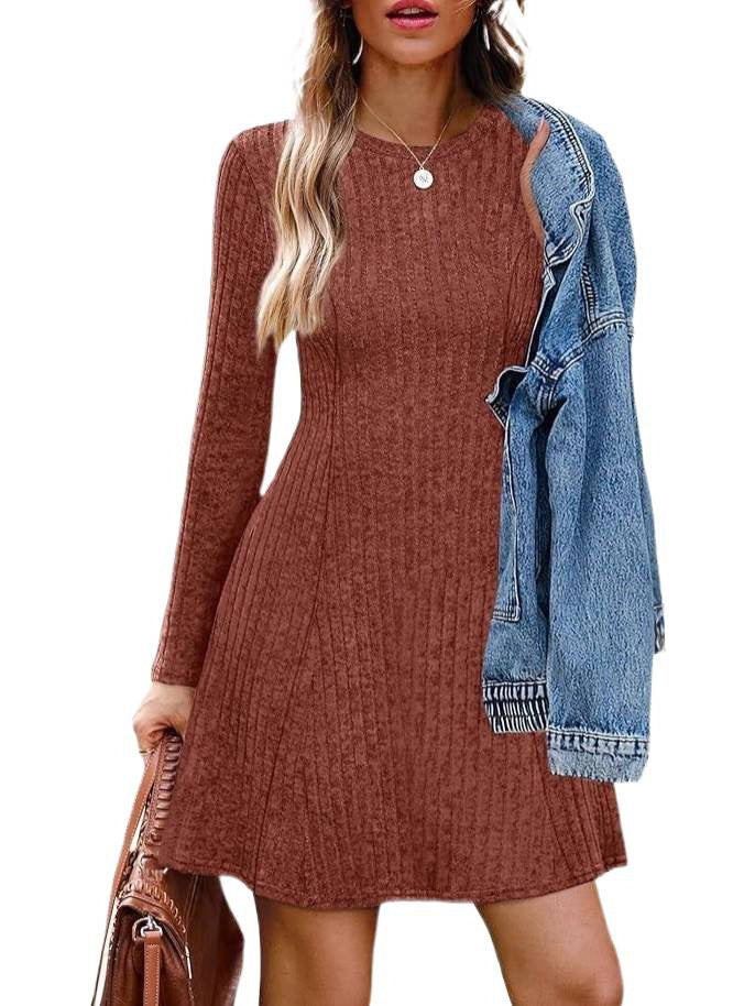 Damen Geripptes Strickkleid mit Rundhalsausschnitt und figurumspielender A-Linien-Silhouette Shop Nory