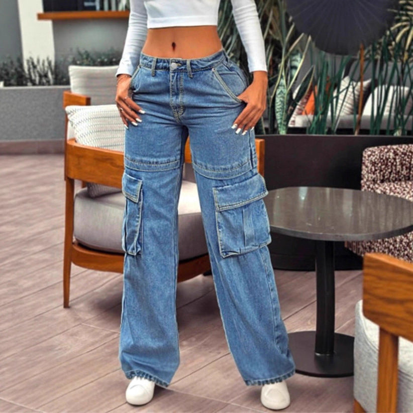 Damen tiefsitzende Wide‑Leg Cargo-Jeans mit XXL-Klappentaschen Shop Nory