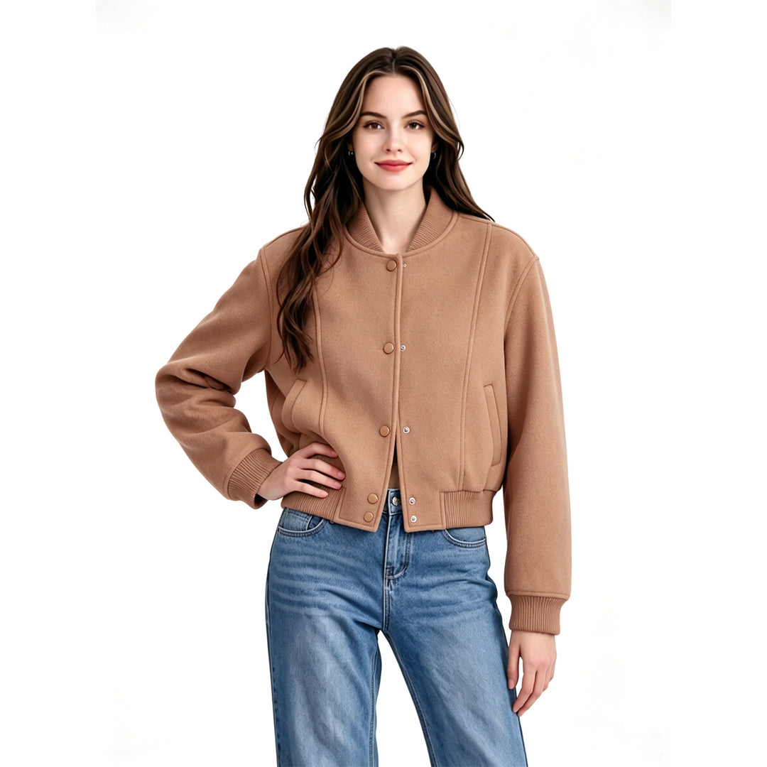 Damen Kurz geschnittene Woll-Bomberjacke mit Rippbündchen und Druckknopfleiste Shop Nory