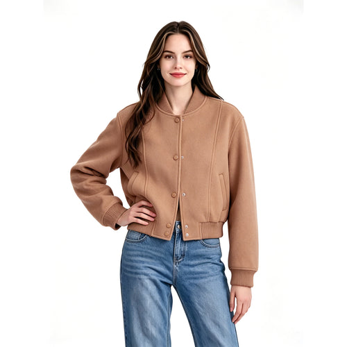 Damen Kurz geschnittene Woll-Bomberjacke mit Rippbündchen und Druckknopfleiste Shop Nory