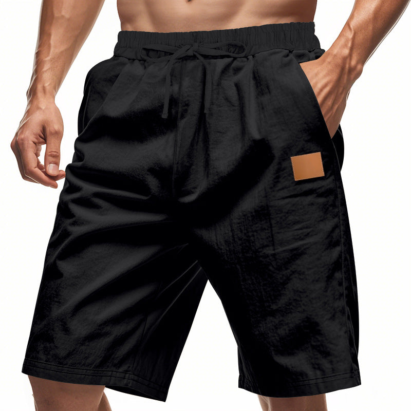 Herren nan leichte Freizeit-Bermudashorts mit Elastikbund, Kordelzug und dezenter Lederapplikation