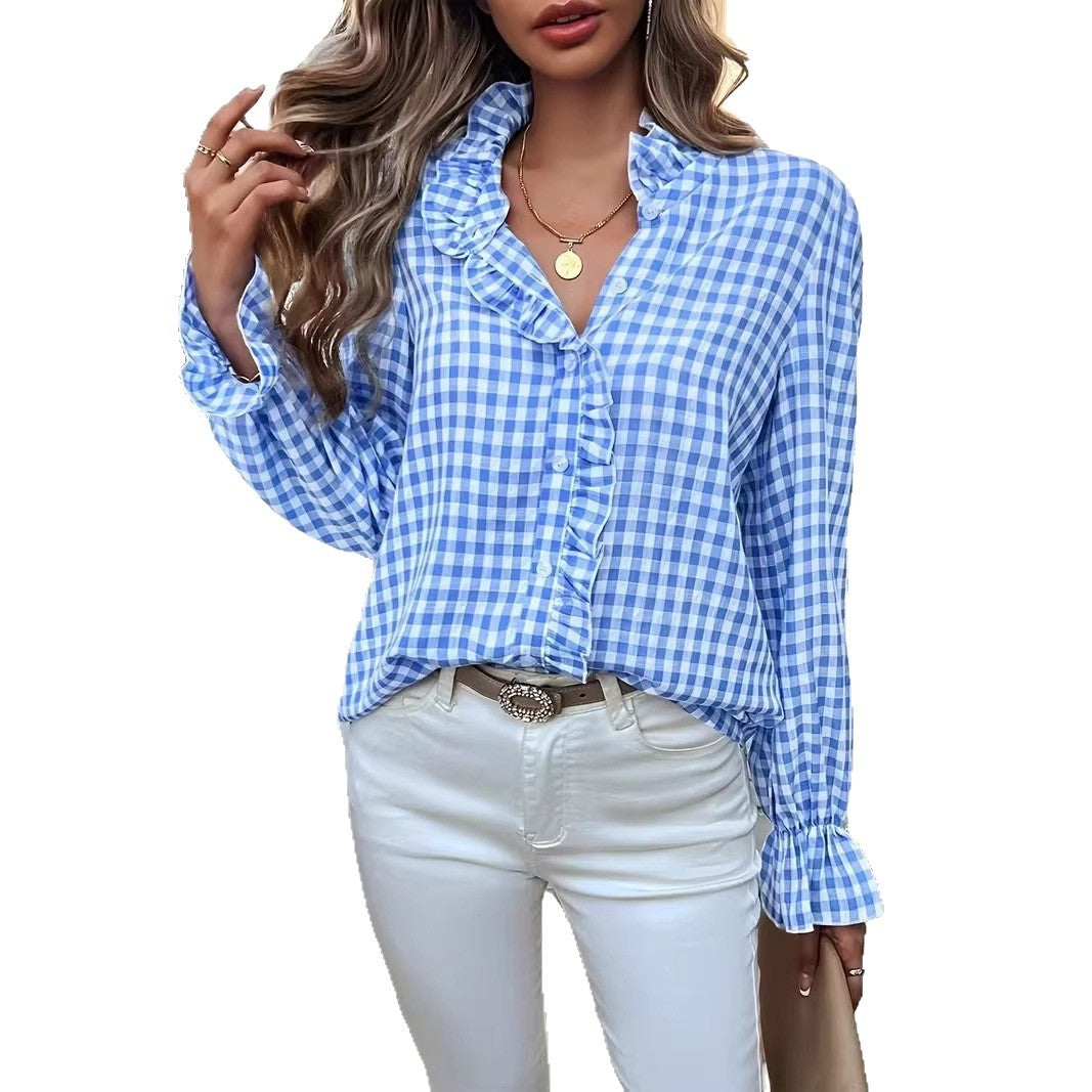 Damen nan karierte Rüschenbluse mit Stehkragen, verdeckter Knopfleiste und Glockenärmeln Shop Nory
