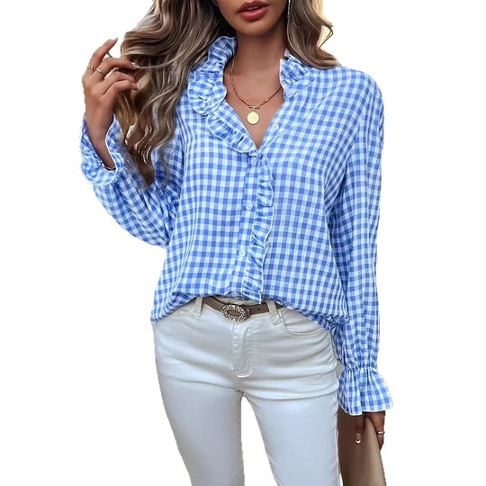 Damen nan karierte Rüschenbluse mit Stehkragen, verdeckter Knopfleiste und Glockenärmeln Shop Nory