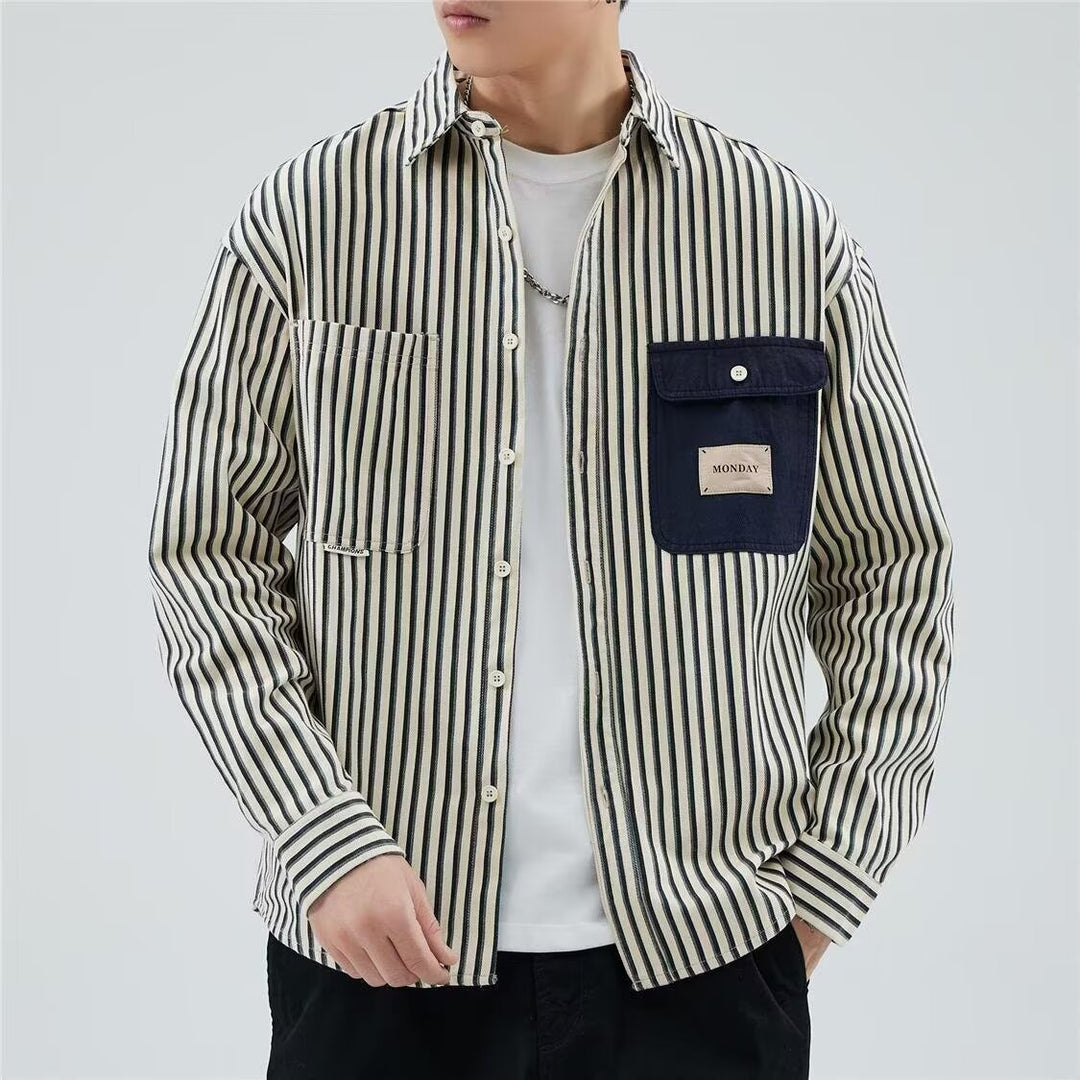 Herren Gestreiftes Overshirt im Workwear-Stil mit kontrastierter Brusttasche Shop Nory