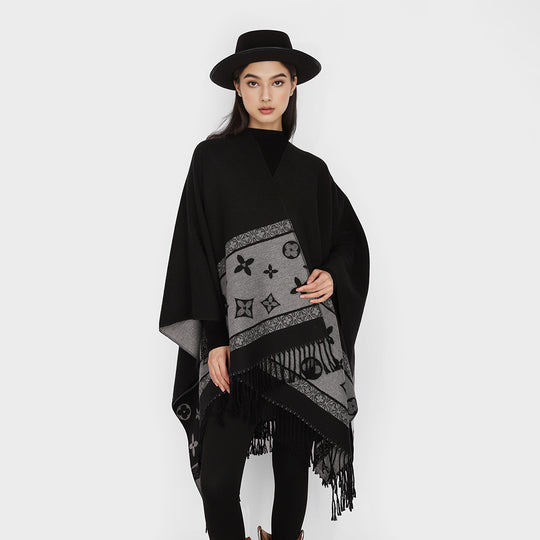 Damen Eleganter V-Ausschnitt Poncho aus feinem Wollmix mit kontrastierendem Jacquardbesatz und Fransensaum Shop Nory