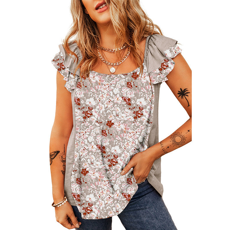 Damen Ärmelloses Blumen-Print Top mit Rüschenschultern und lockerem Fall Shop Nory