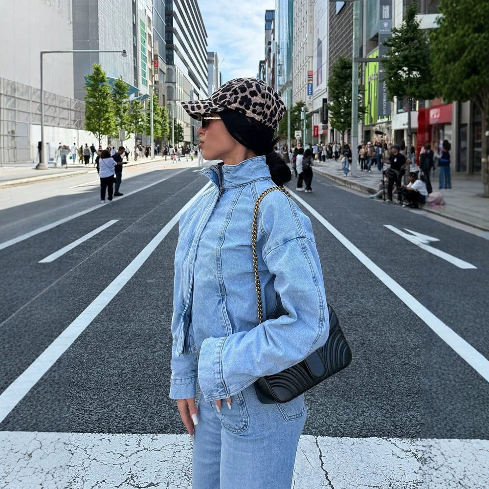 Damen Cropped Denimjacke im Bomberstil mit hohem Stehkragen und oversized Ärmeln Shop Nory
