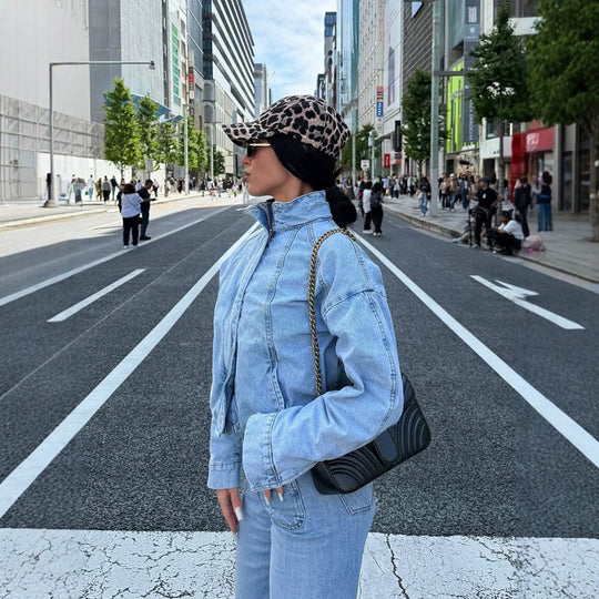 Damen Cropped Denimjacke im Bomberstil mit hohem Stehkragen und oversized Ärmeln Shop Nory