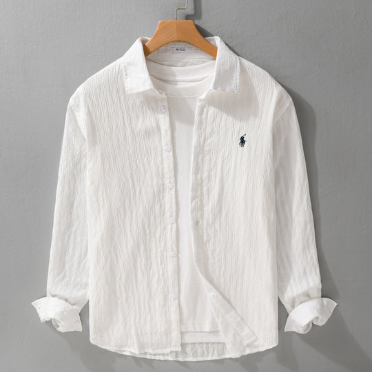 Herren Leichtes Baumwoll-Langarmhemd im Layering‑Stil mit feiner Crinkle‑Struktur und Kentkragen Shop Nory