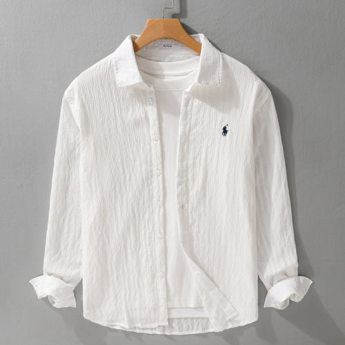 Herren Leichtes Baumwoll-Langarmhemd im Layering‑Stil mit feiner Crinkle‑Struktur und Kentkragen Shop Nory