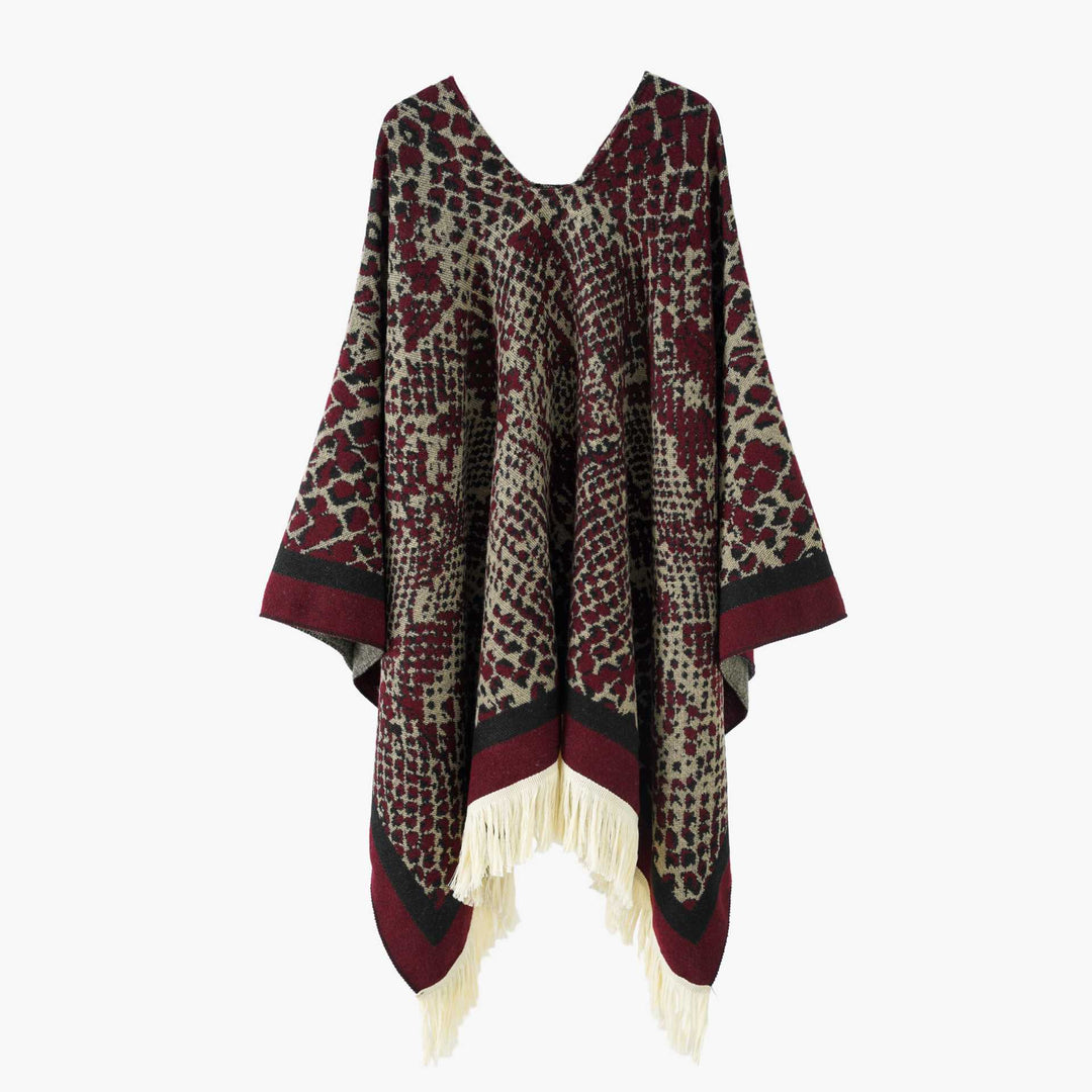 Damen Jacquard-Knitcape mit Leoparden‑Print, V‑Ausschnitt und Fransensaum Shop Nory