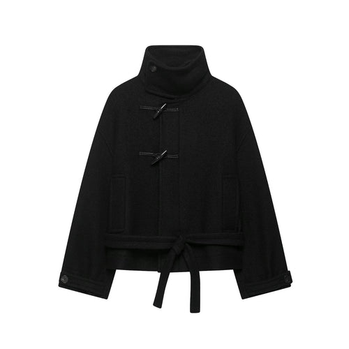 Damen Kurze Duffle-Capejacke mit Stehkragen, Knebelverschlüssen und Taillengürtel Shop Nory