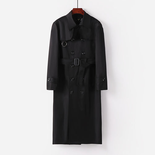 Herren Lang geschnittener Doppelbrust-Trench mit Taillengürtel und dekorativem Ringdetail Shop Nory