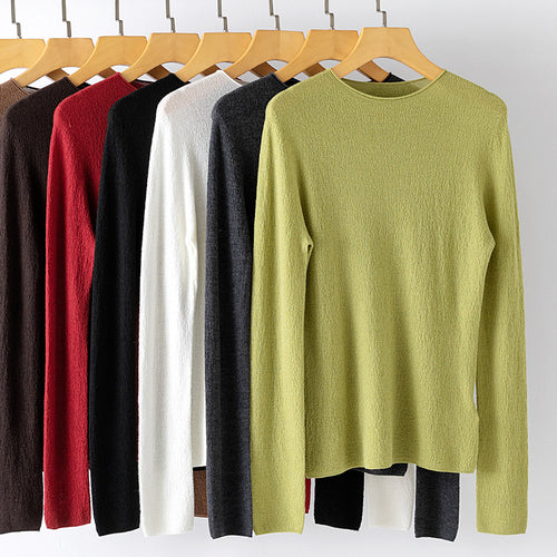 Damen Leichter strukturierter Langarm-Strickpullover mit Rundhals und feiner Crinkle-Optik Shop Nory