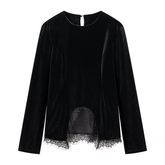 Damen Elegantes Samt-Longsleeve mit Spitzenbesatz und halbkreisförmigem Vorderschlitz Shop Nory