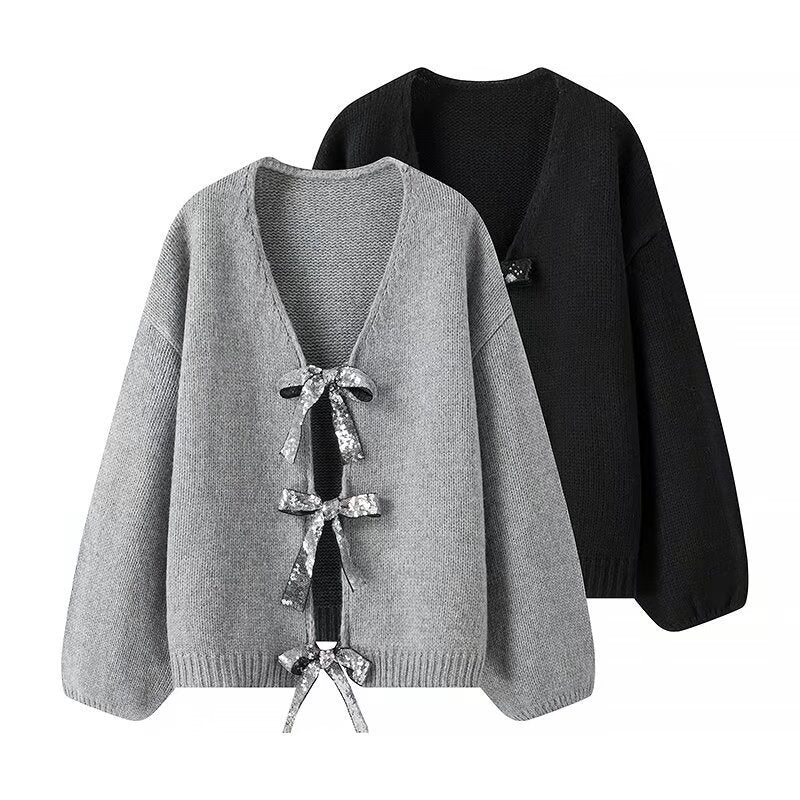 Damen Oversize-Strickcardigan mit V‑Ausschnitt und Pailletten‑Schleifen Shop Nory