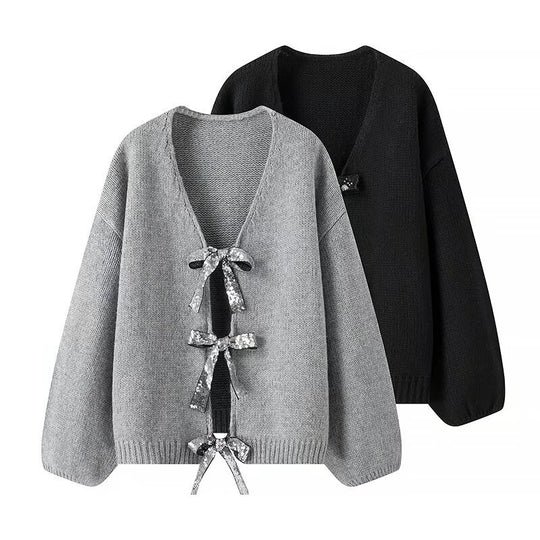 Damen Oversize-Strickcardigan mit V‑Ausschnitt und Pailletten‑Schleifen Shop Nory