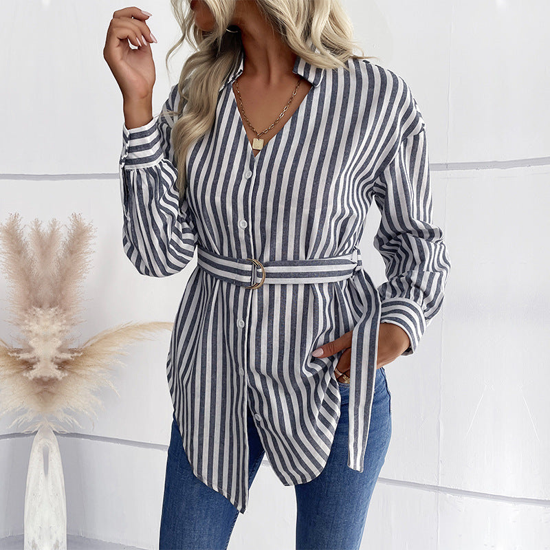 Damen Gestreifte Longbluse mit D‑Ring-Taillengürtel und Hemdkragen Shop Nory