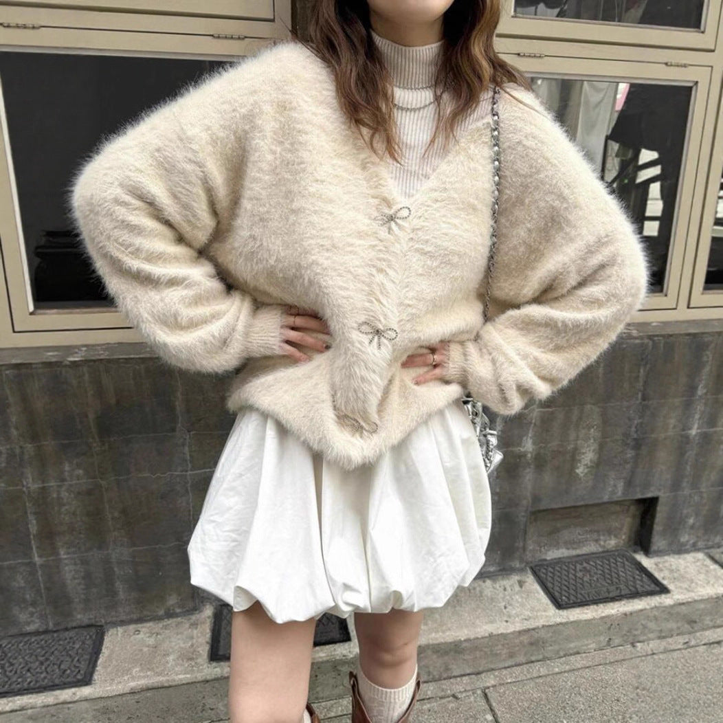 Damen Flauschiger Mohair‑Optik Cardigan mit dekorativen Schleifenverschlüssen Shop Nory