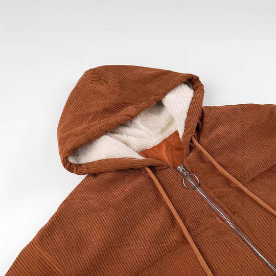 Damen Kurz geschnittene Cordjacke mit Kapuze, Teddyfutter und durchgehendem Reißverschluss Shop Nory