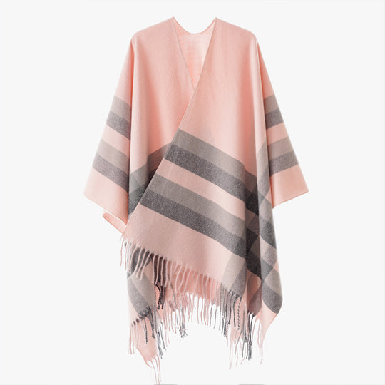 Damen Wollmix-Capeponcho im Oversize-Kimono mit Karomuster und Fransensaum Shop Nory