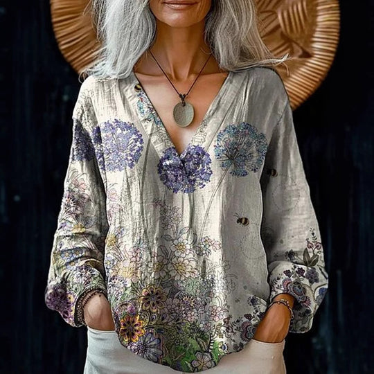 Damen Boho-Leinenmischung Tunika-Bluse mit V-Ausschnitt und floraler Aquarellstickerei Shop Nory