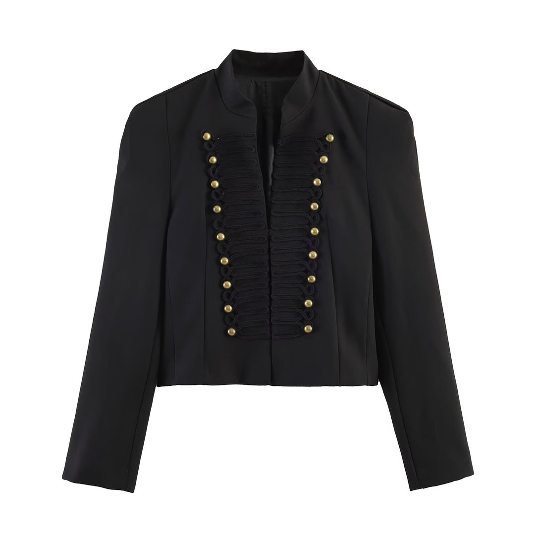 Damen Kurzjacke im militärischen Stil mit Stehkragen und Zierfrosch-Detail Shop Nory