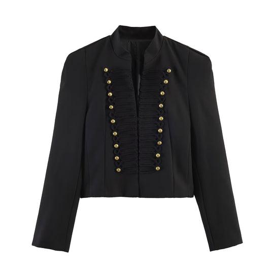Damen Kurzjacke im militärischen Stil mit Stehkragen und Zierfrosch-Detail Shop Nory