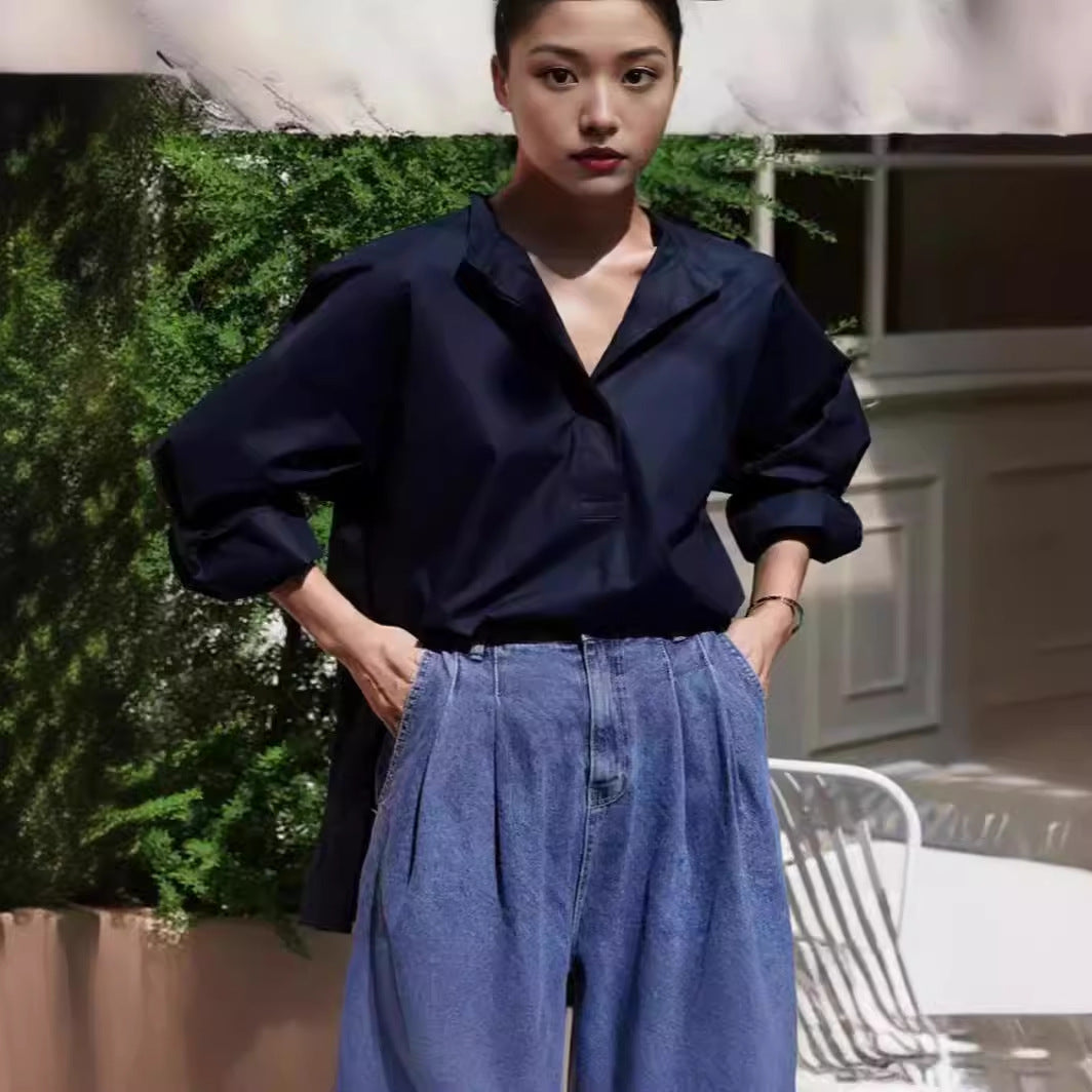 Damen Boxy-Hemd mit kurzem Stehkragen, überschnittener Schulter und verlängertem Rückenteil Shop Nory