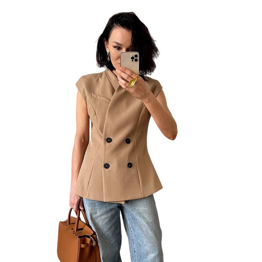 Damen Ärmellose taillierte Blazer-Weste mit doppelter Knopfleiste & strukturierter Schulterpartie Shop Nory