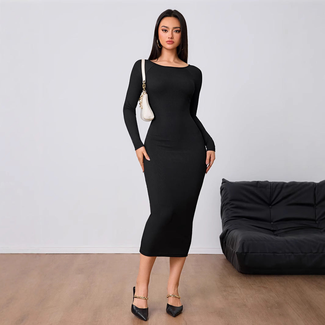 Damen figurbetontes Stretch-Midikleid mit U‑Boot‑Ausschnitt und figurformendem Rippstrick Shop Nory