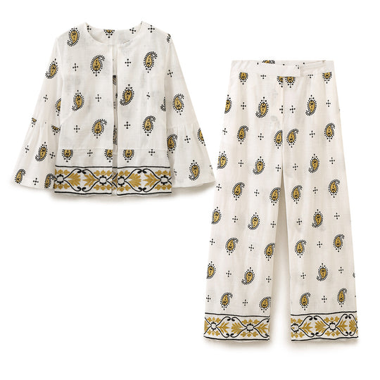 Damen Weite Leinenhose mit Paisley‑Print und besticktem Saum Shop Nory