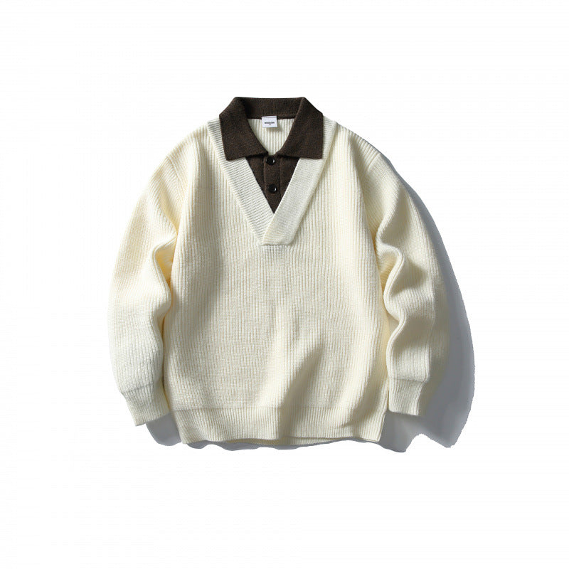 Herren Strick-Polo-Pullover mit Oversize-Schnitt, V‑Einsatz und Kontrastkragen Shop Nory