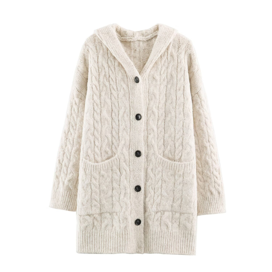 Damen Langgestrickter Kapuzen-Cardigan mit Zopfmuster und Knopfleiste Shop Nory
