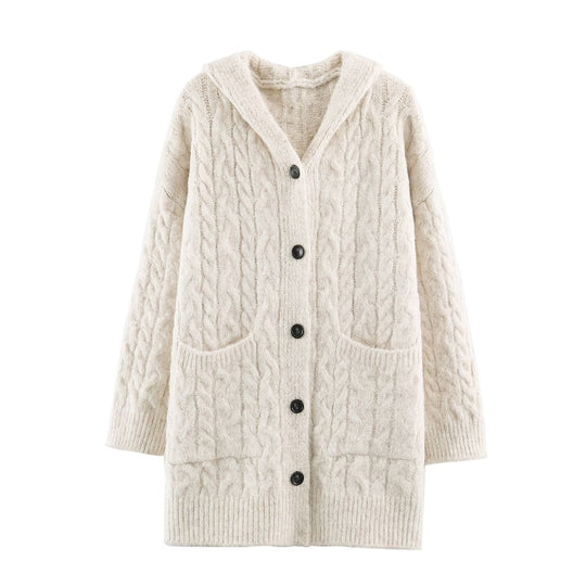 Damen Langgestrickter Kapuzen-Cardigan mit Zopfmuster und Knopfleiste Shop Nory
