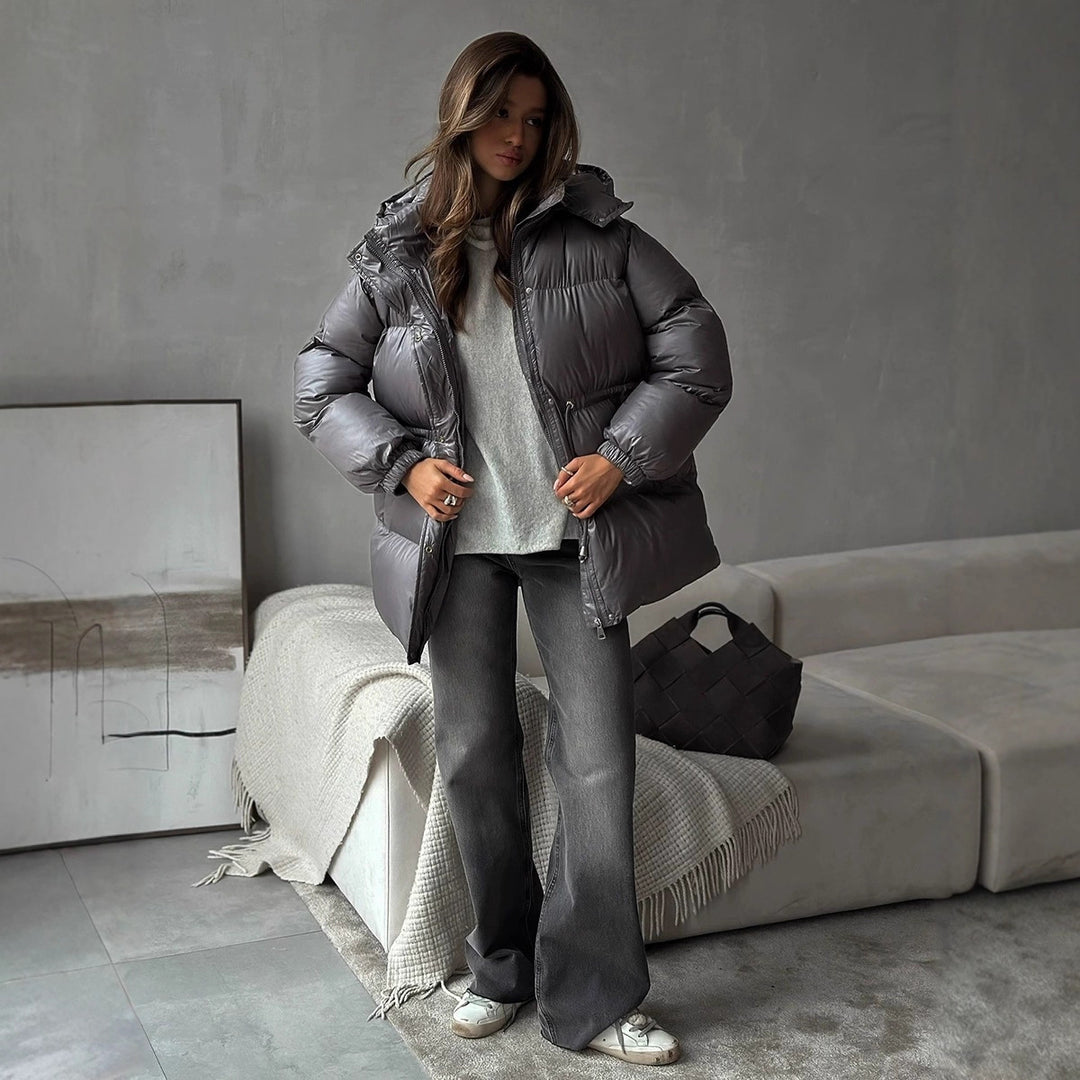Damen gesteppte Steppjacke mit Taillenzug und Kapuze Shop Nory