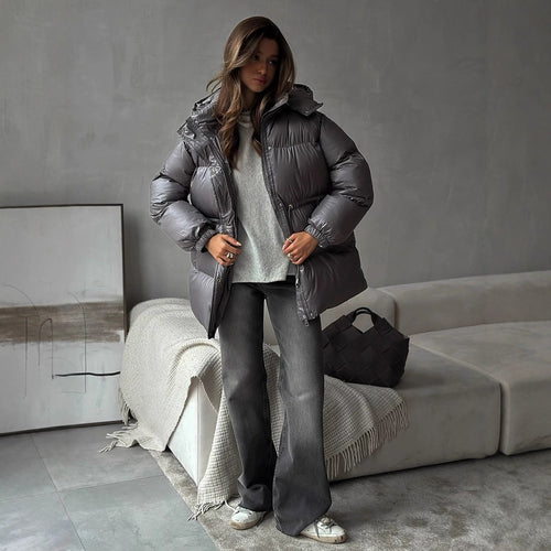 Damen gesteppte Steppjacke mit Taillenzug und Kapuze Shop Nory