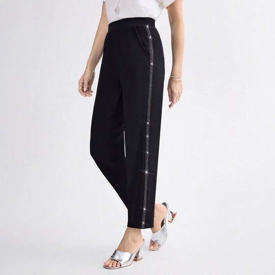 Damen Elegante gerade geschnittene Stoffhose mit elastischem Bund und seitlichem Glitzerbesatz Shop Nory