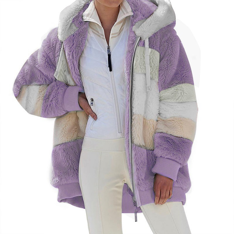 Damen nan oversized Kunstfell-Patchwork Kapuzenjacke mit Rippbündchen und Zweiwege-Reißverschluss Shop Nory