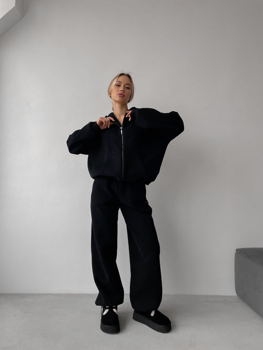 Damen Baumwoll-Fleece Lounge-Set mit Oversize-Zip-Hoodie und Palazzo-Sweatpants Shop Nory