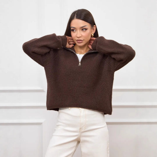 Damen Modischer Strickpullover mit Stehkragen und kurzer Reißverschluss Shop Nory