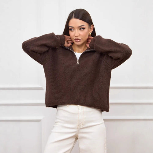 Damen Modischer Strickpullover mit Stehkragen und kurzer Reißverschluss Shop Nory