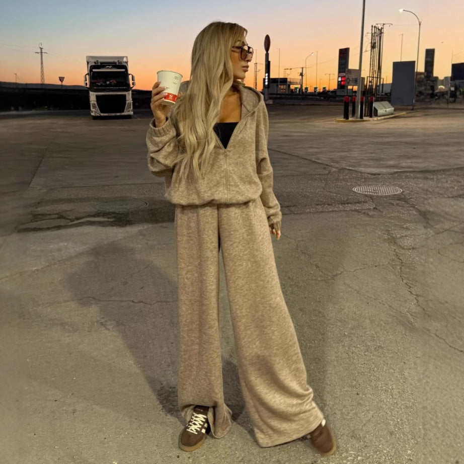 Damen Loungewear-Anzug aus weichem Fleece mit Kapuze und weitem Schnitt Shopnory