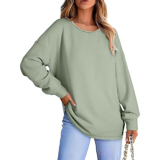 Damen Oversize Waffelstrickpullover mit Rundhals, Ballonärmeln und verlängertem Saum Shop Nory