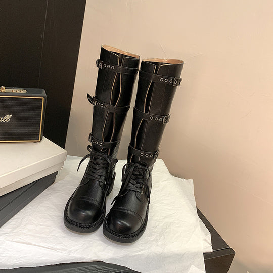 Damen kniehohe Schnürstiefel mit Zier- und Verstellschnallen Shop Nory