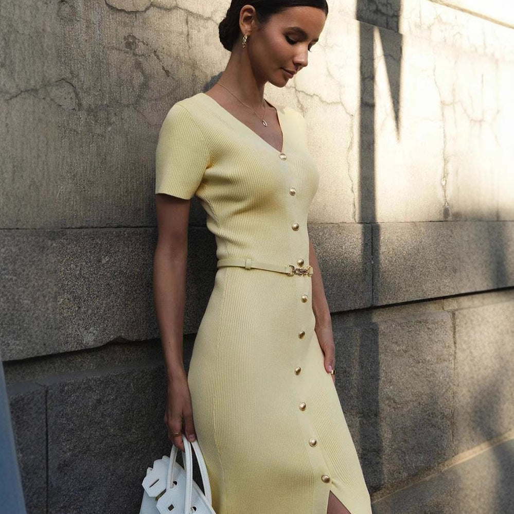 Damen Midi-Kleid mit strukturiertem Rippdesign und Knopfleiste